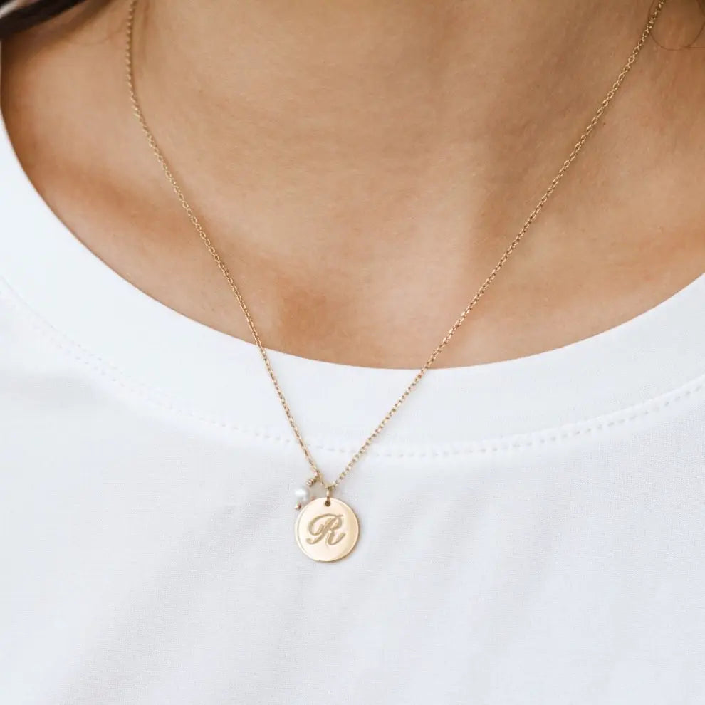 Personalized Initial Disc Pearl Necklace Silver 925