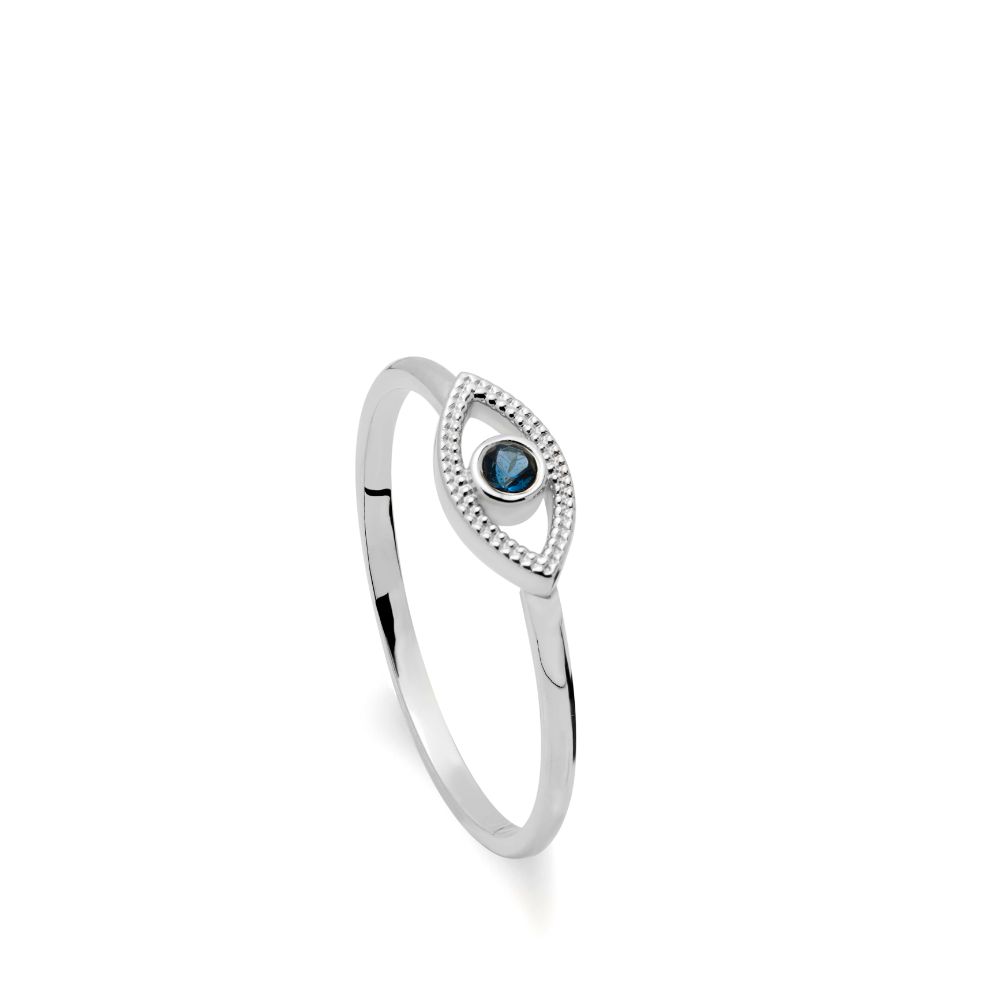 Evil Eye Ring 14K White Gold Blue Topaz