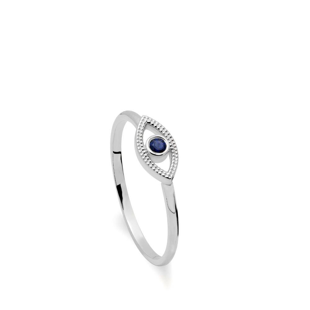 Evil Eye Ring 14K White Gold Blue Sapphire