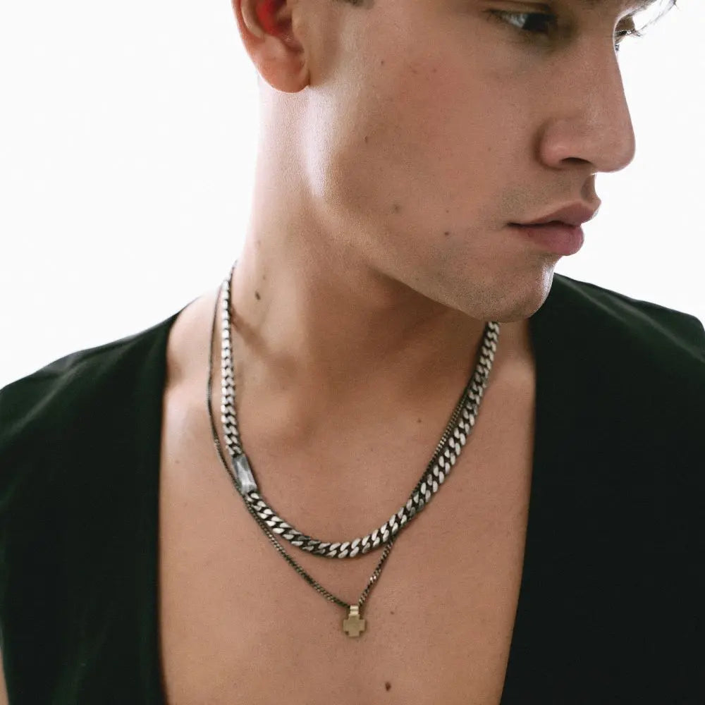 Tag Chain Necklace Oxidized Sterling Silver Personalized on man's neck