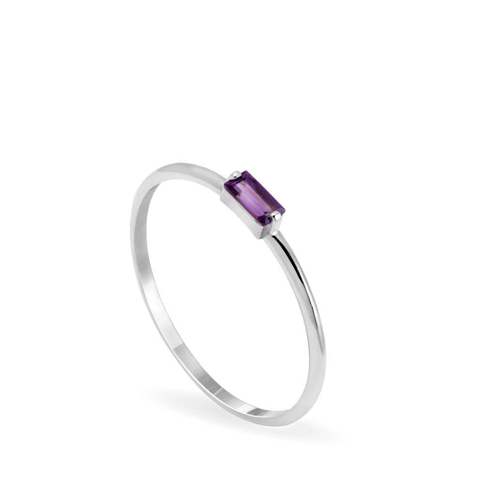 Purple Amethyst Baguette Ring 14K White Gold