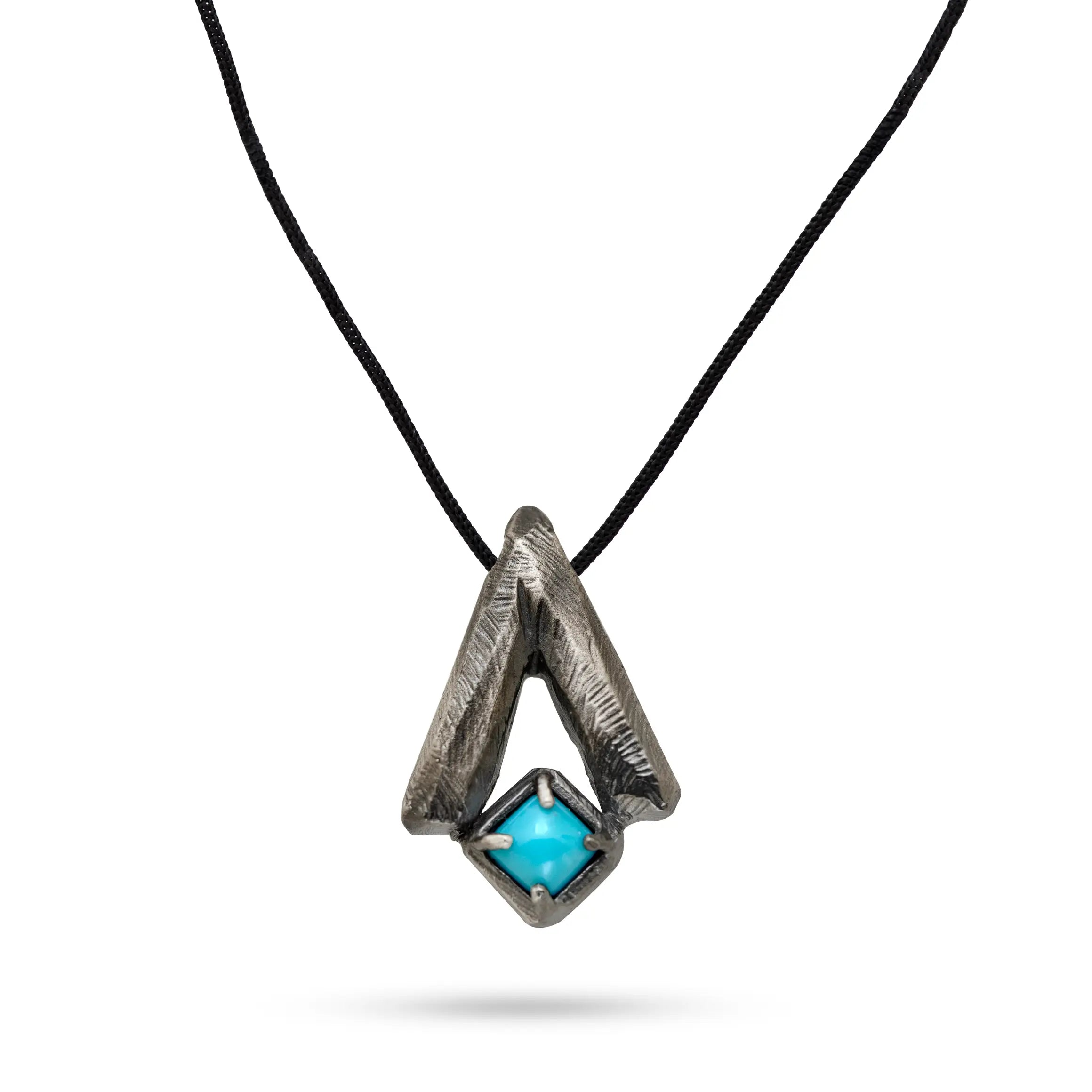 Oxidized silver turquoise necklace with V pendant and natural turquoise stone, black oxidized sterling silver, 60 cm chain, for men and women.