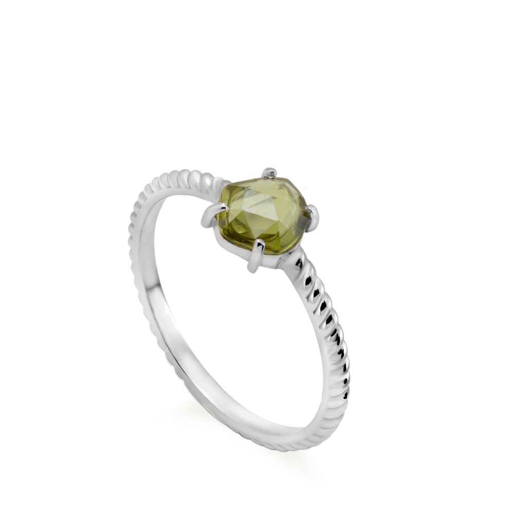 Green Sapphire Ring 14K White Gold Rose Cut