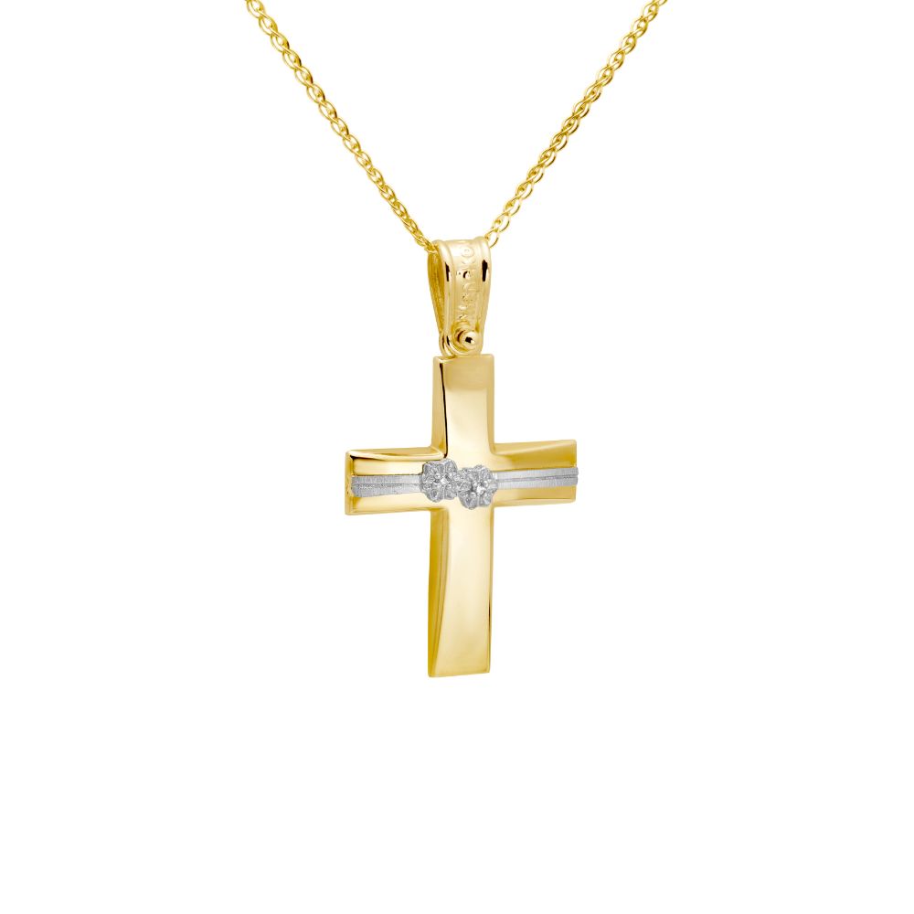 Two-toned Baptism Cross with Flowers and Chain 14K Gold