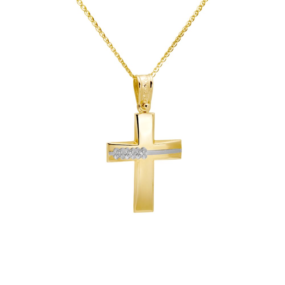 Two-toned Christening Cross with Flowers and Chain 14K Gold