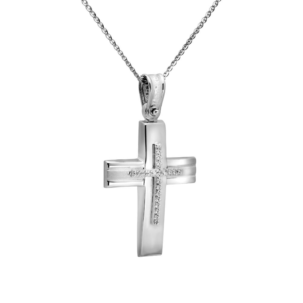 14K White Gold Cross with Chain