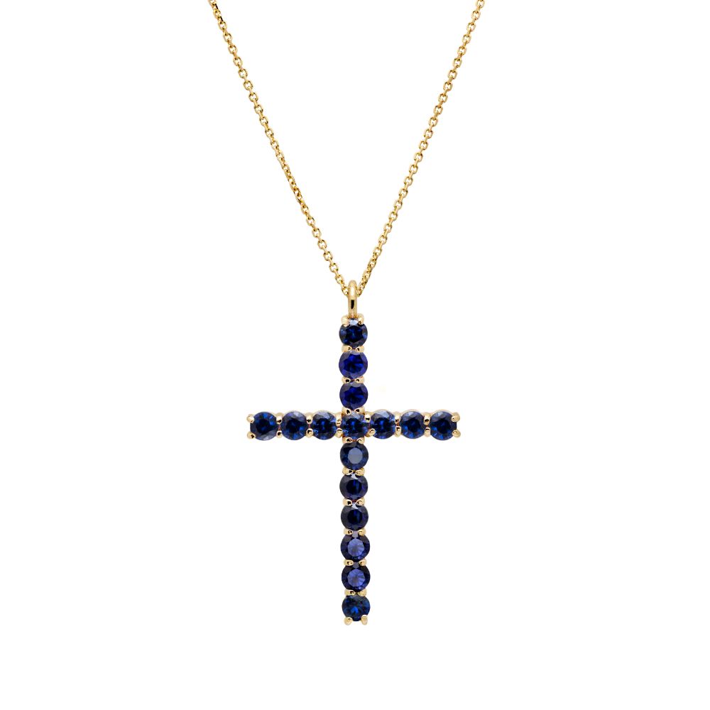 Blue Sapphire Cross Necklace 14K Gold
