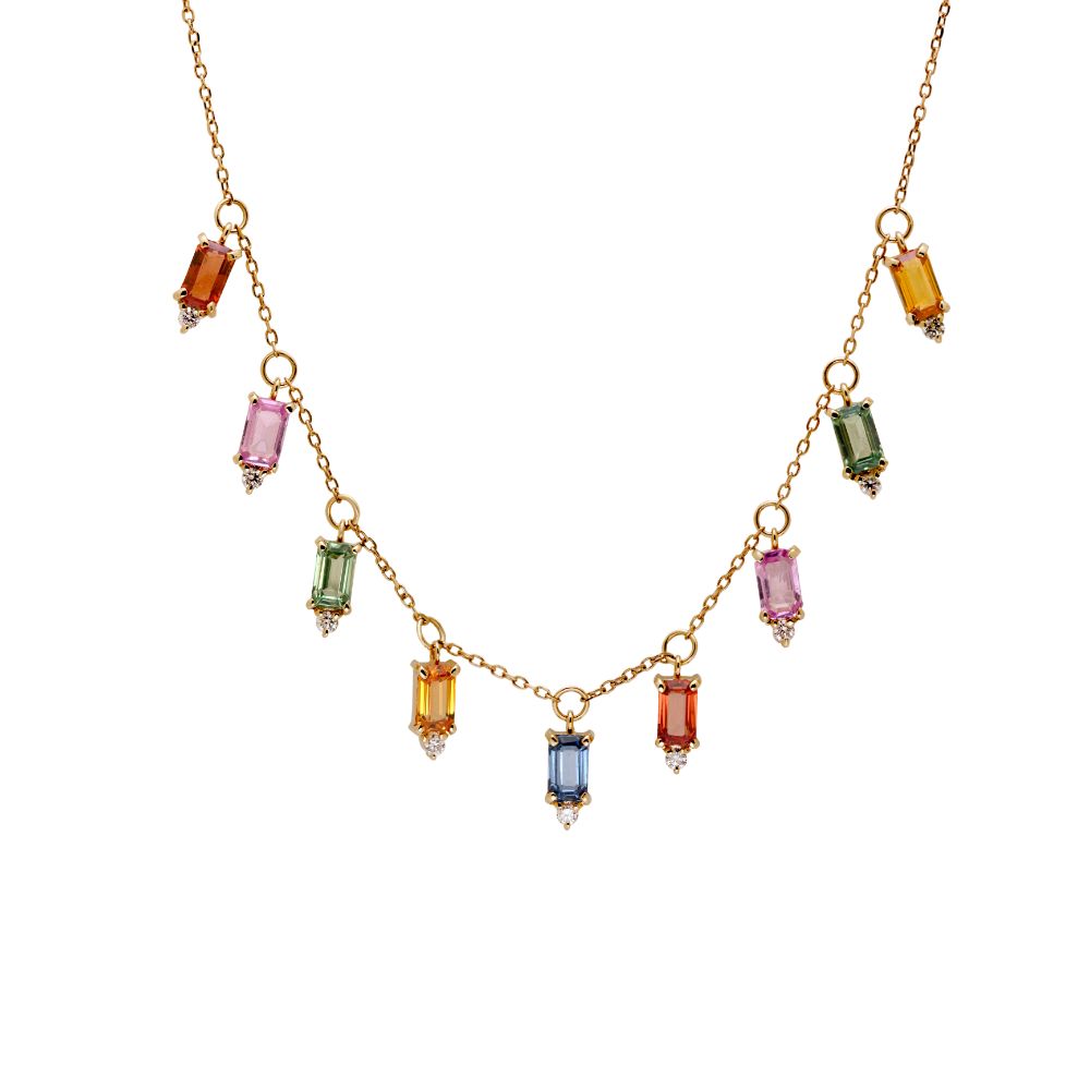 Dangle Multicolor Sapphire Diamond Necklace 14K Gold
