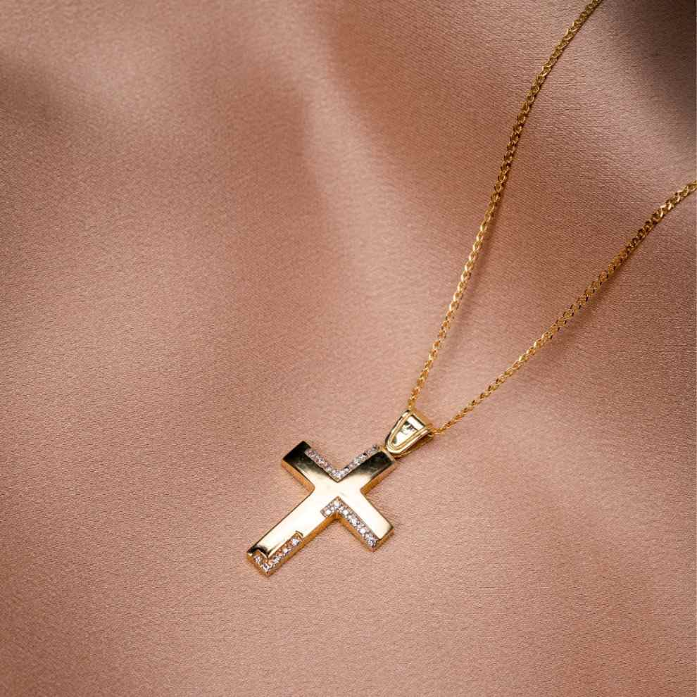 14K Gold Modern Baptism Cross with Chain