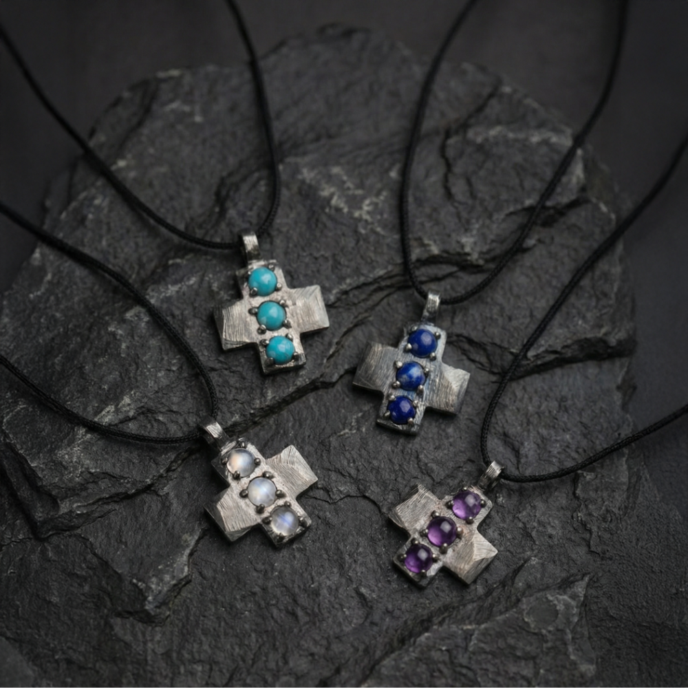 Lapis Cross Pendant Necklace Oxidized Silver 925