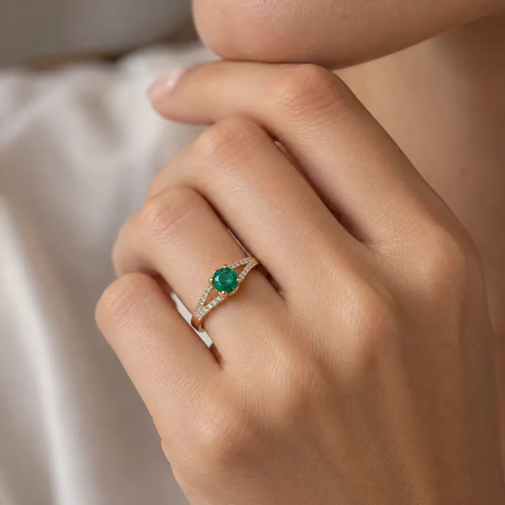 Emerald Diamond Ring 14K Gold Double Band