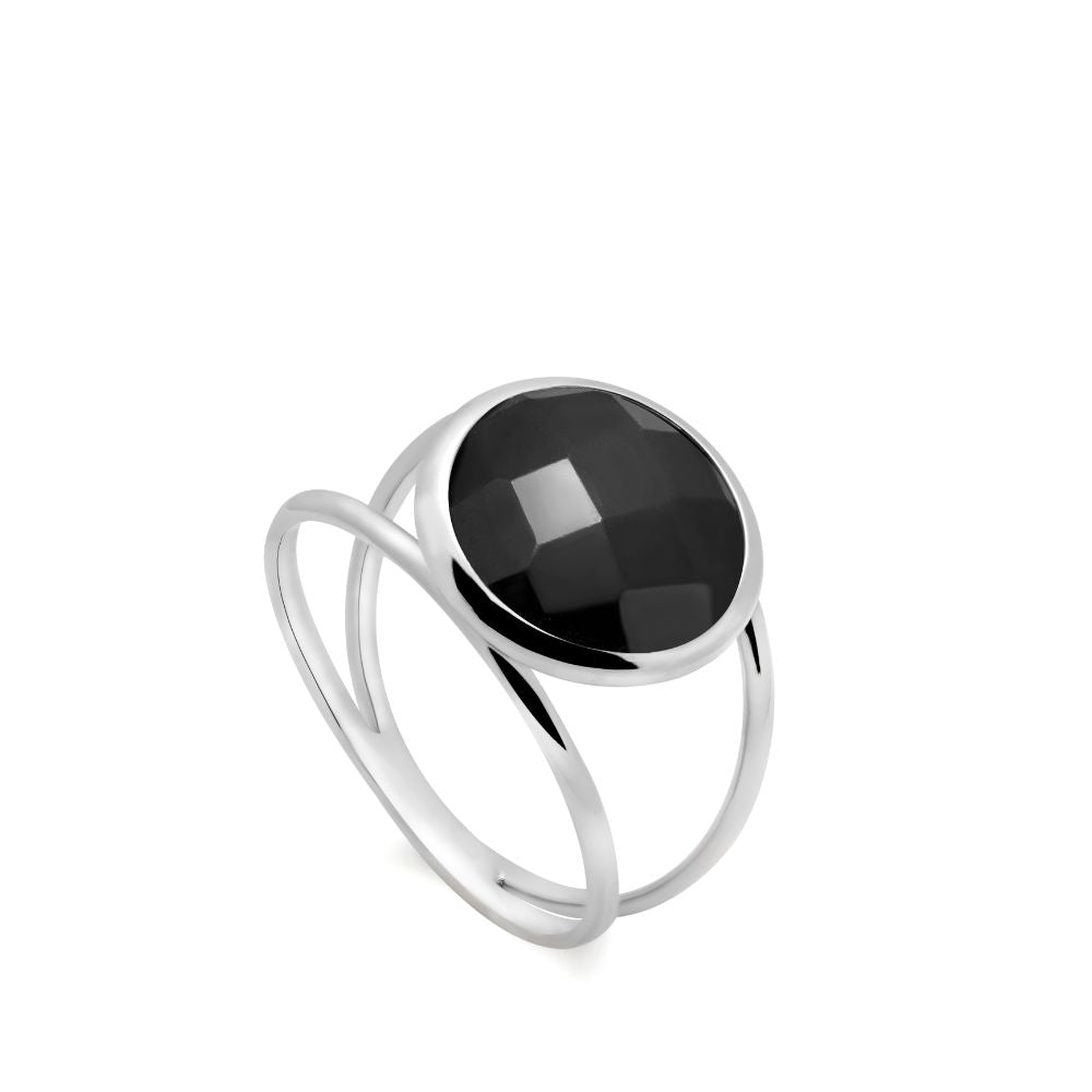 Black Onyx 14K Double Band Ring with 12mm Gemstone