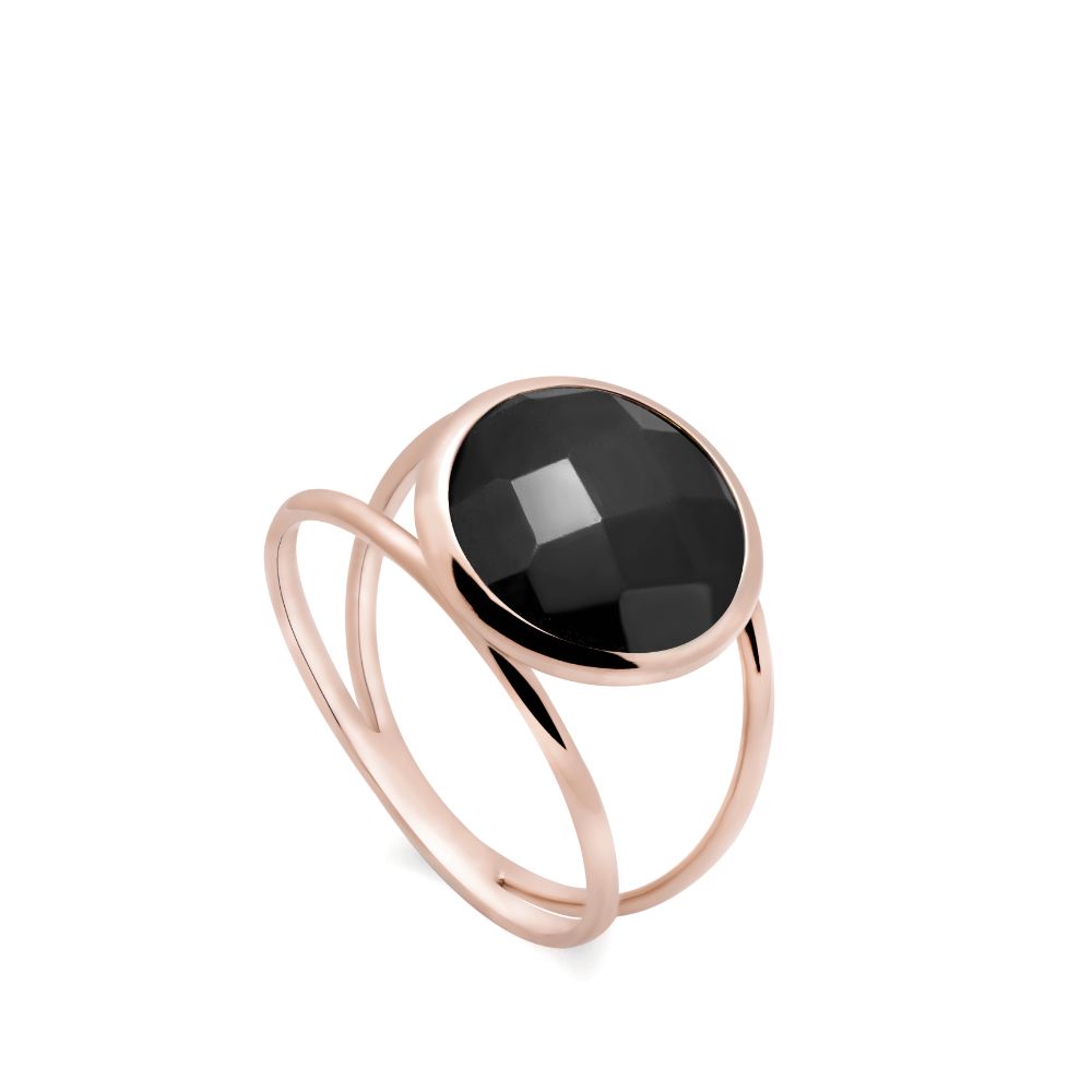 Black Onyx 14K Double Band Ring with 12mm Gemstone