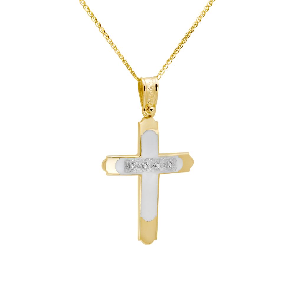 Two-toned Gold Baptism Cross with Flowers and Chain 14K