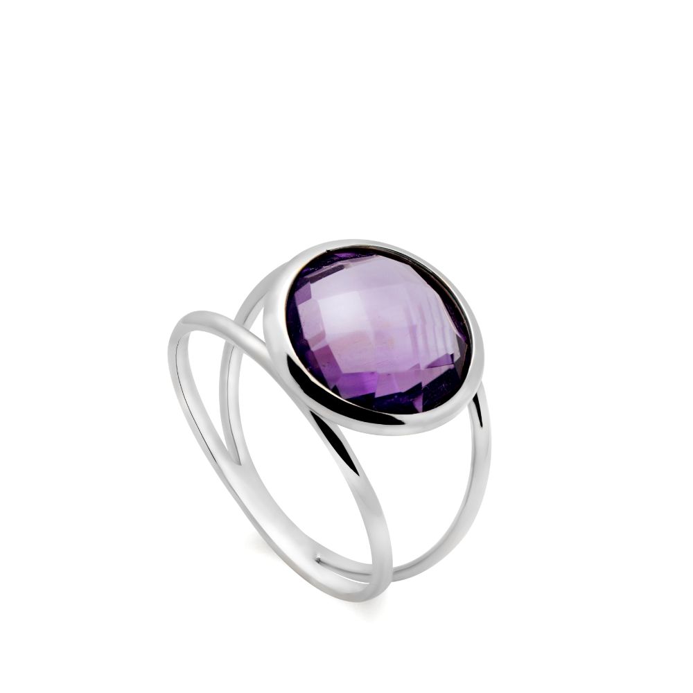 Amethyst 14K Double Band Ring with 12mm Gemstone