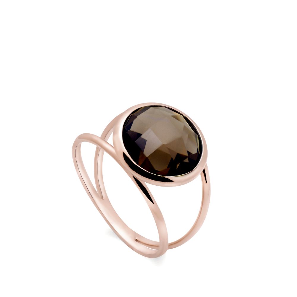 Smoky Quartz 14K Double Band Ring with 12mm Gemstone