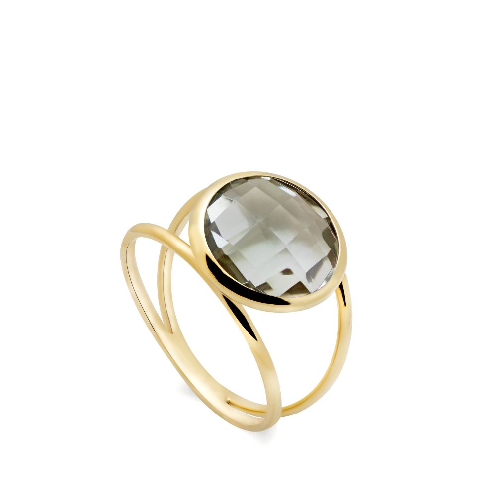 Green Amethyst 14K Double Band Ring with 12mm Gemstone