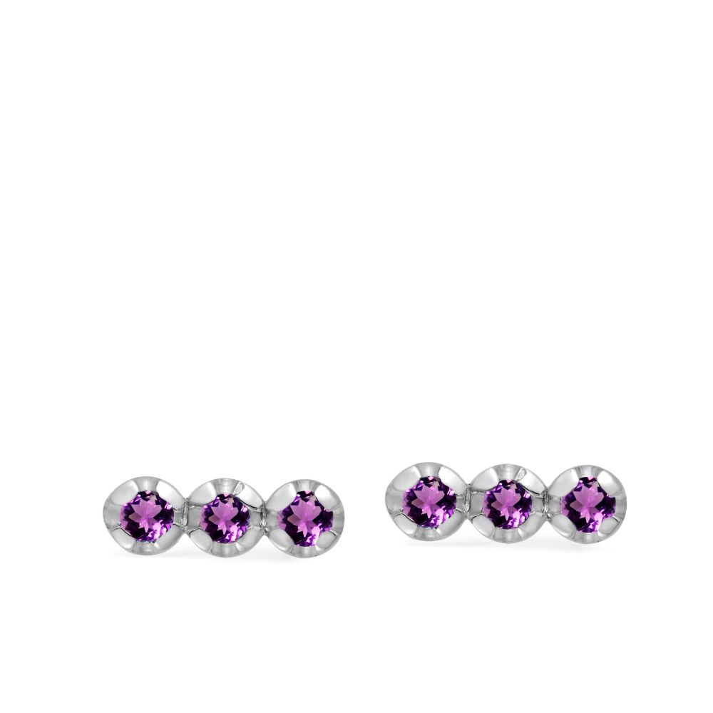 3 Purple Amethyst Stud Earrings 14K Gold