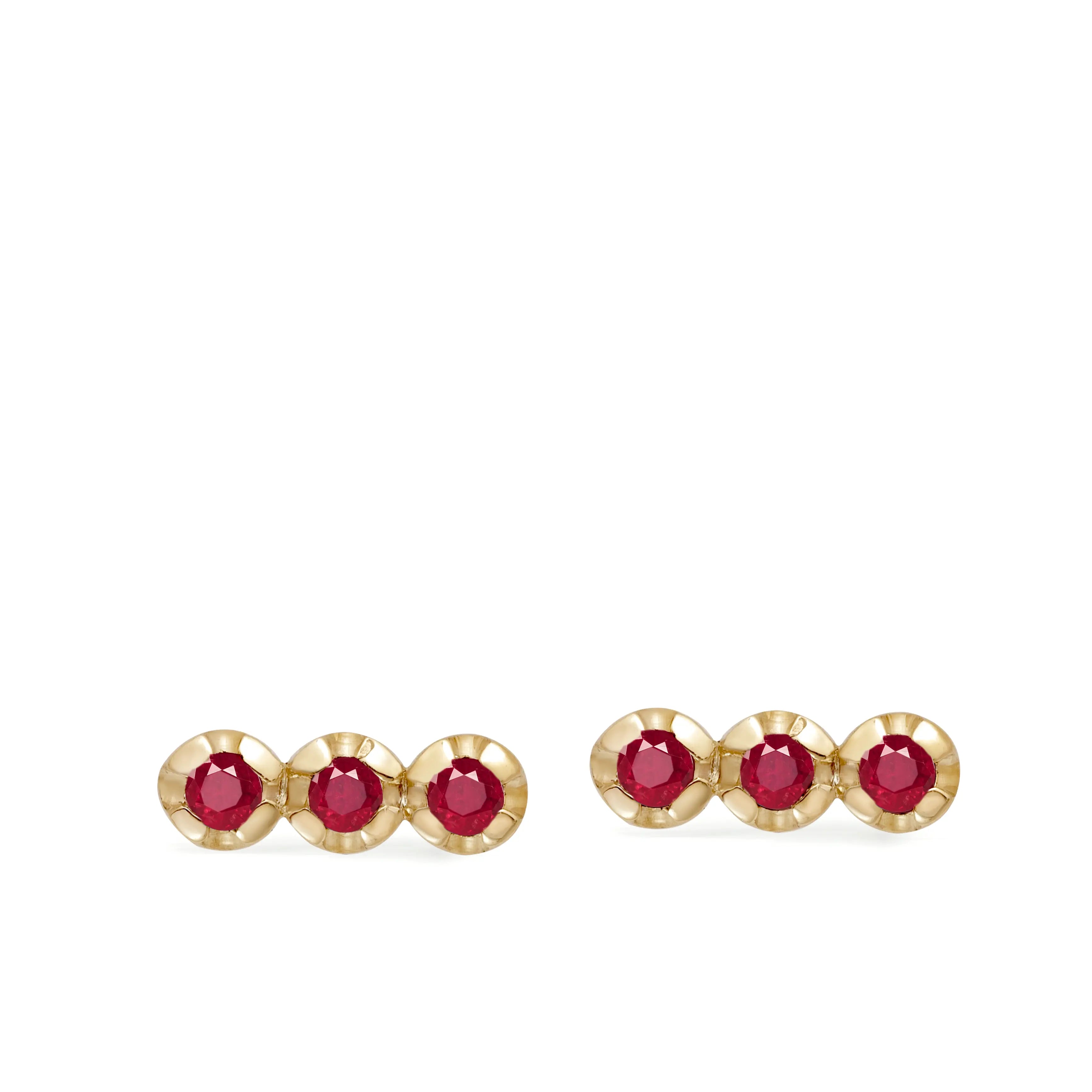 3 Ruby Stud Earrings 14K Gold