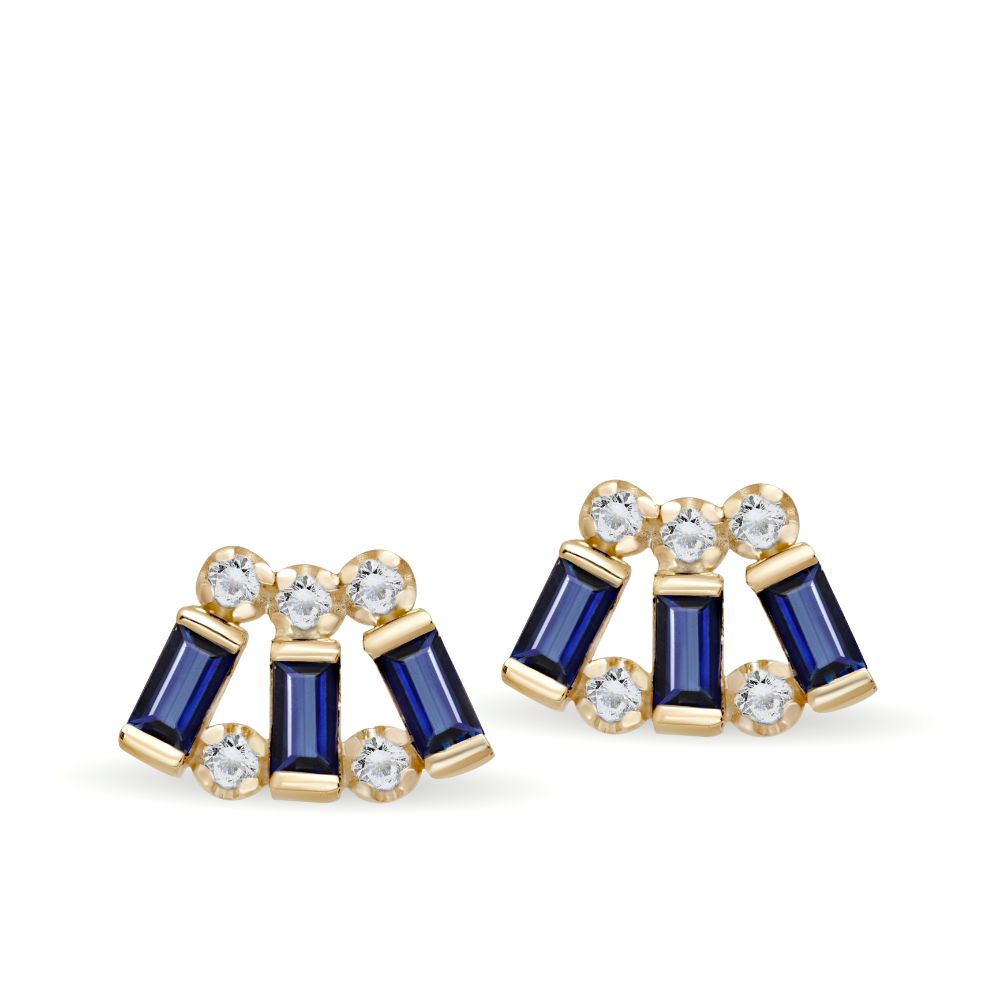 Blue Sapphire Baguette Diamond Stud Earrings 14K Gold