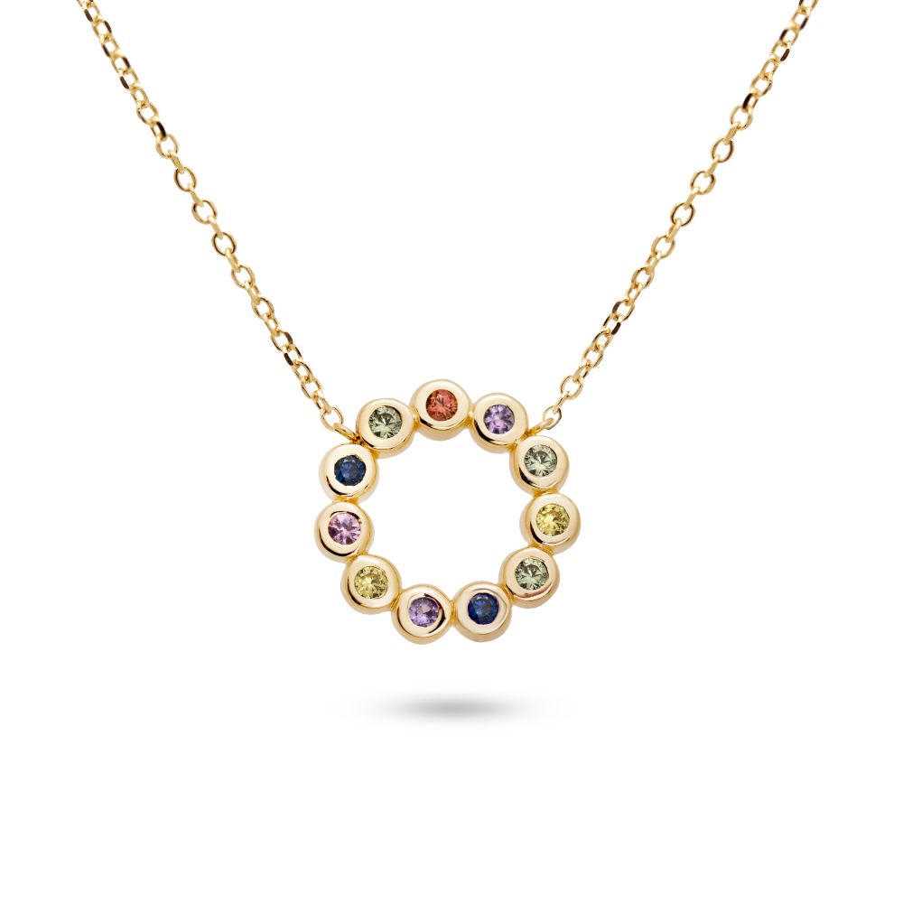 Rainbow Sapphire Circle Necklace 14K