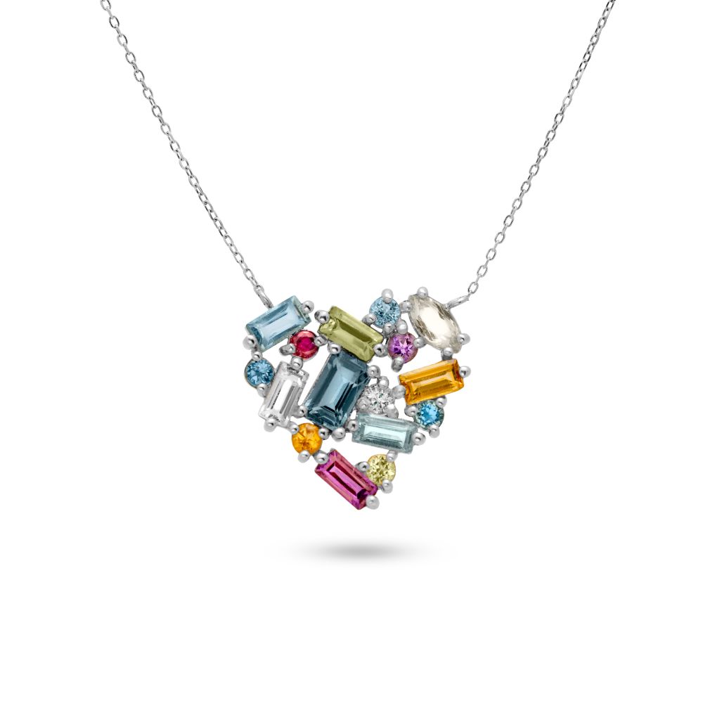 Rainbow Sapphire Heart Necklace 14K