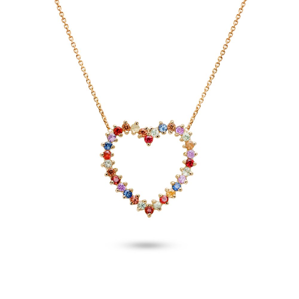 Multicolor Sapphire Heart Necklace 14K