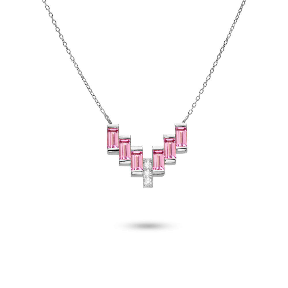V Pink Sapphire Baguette Necklace 14K Gold