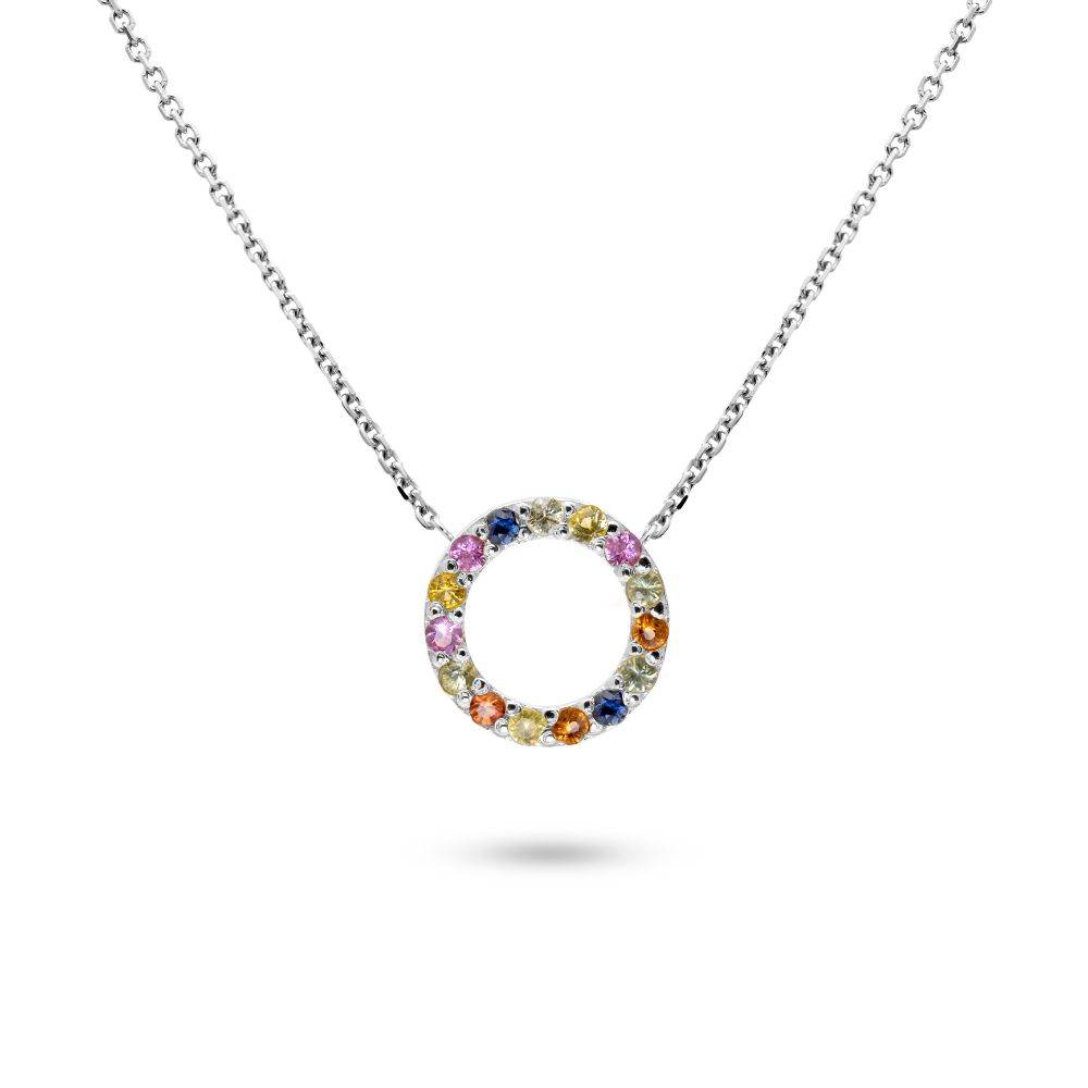 Rainbow Sapphire Small Circle Necklace 14K
