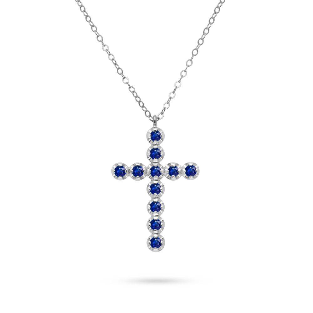 Cross Necklace Blue Sapphire 14K Gold