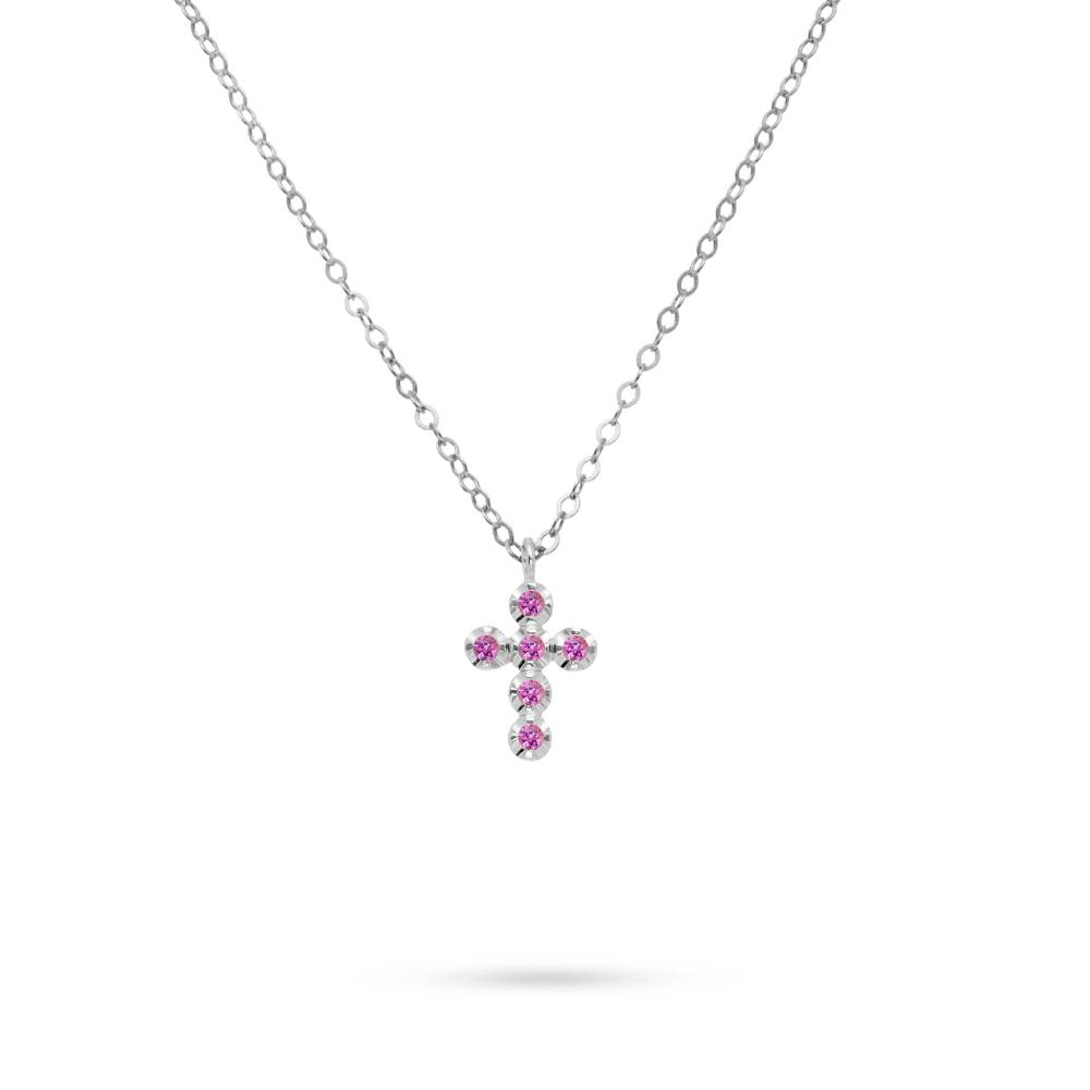 Small Cross Necklace Pink Sapphire 14K Gold