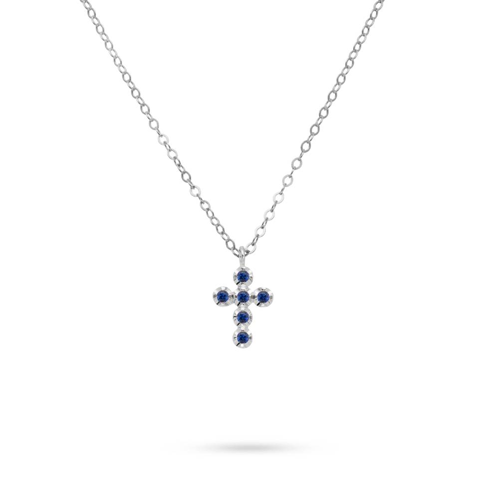 Small Cross Necklace Blue Sapphire 14K Gold
