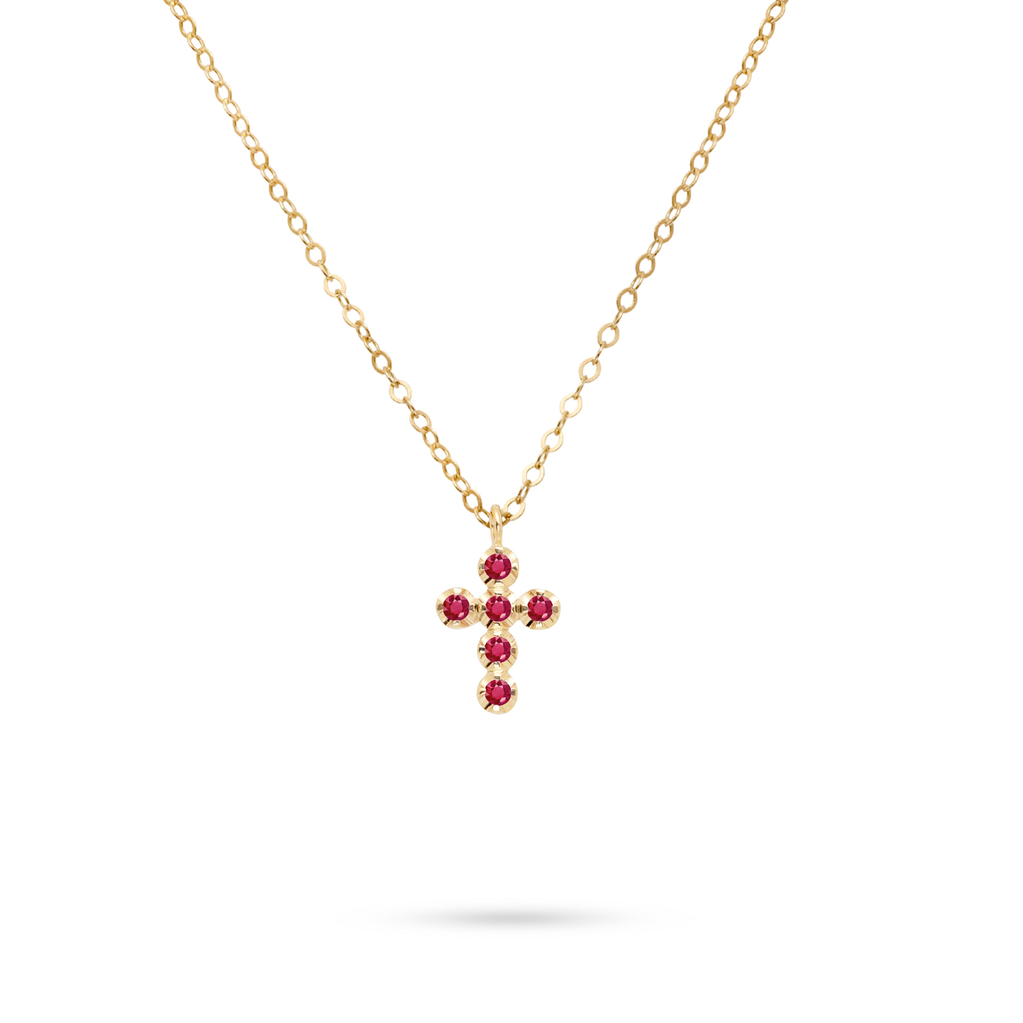 Small Cross Necklace Ruby 14K Gold