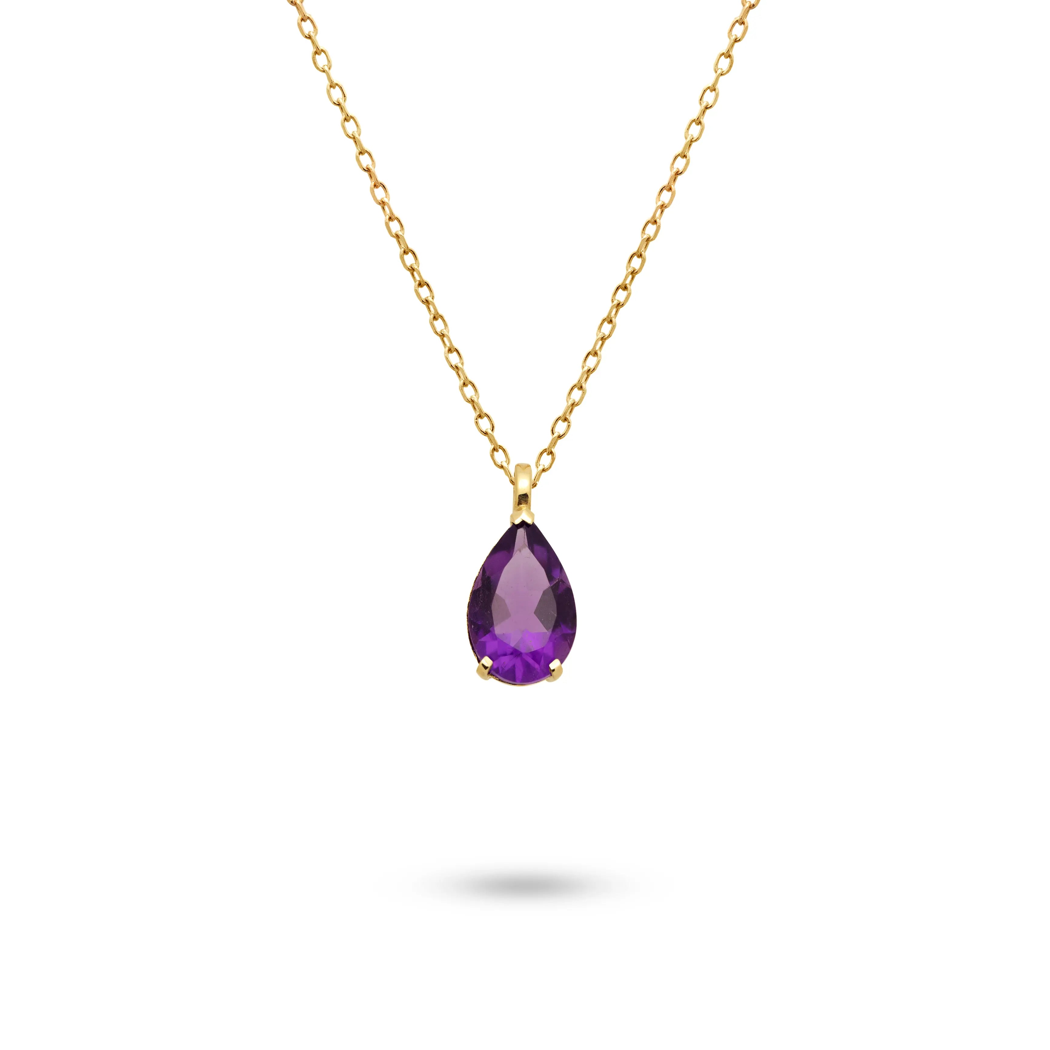 Purple Amethyst Necklace 14K Gold Pear Cut