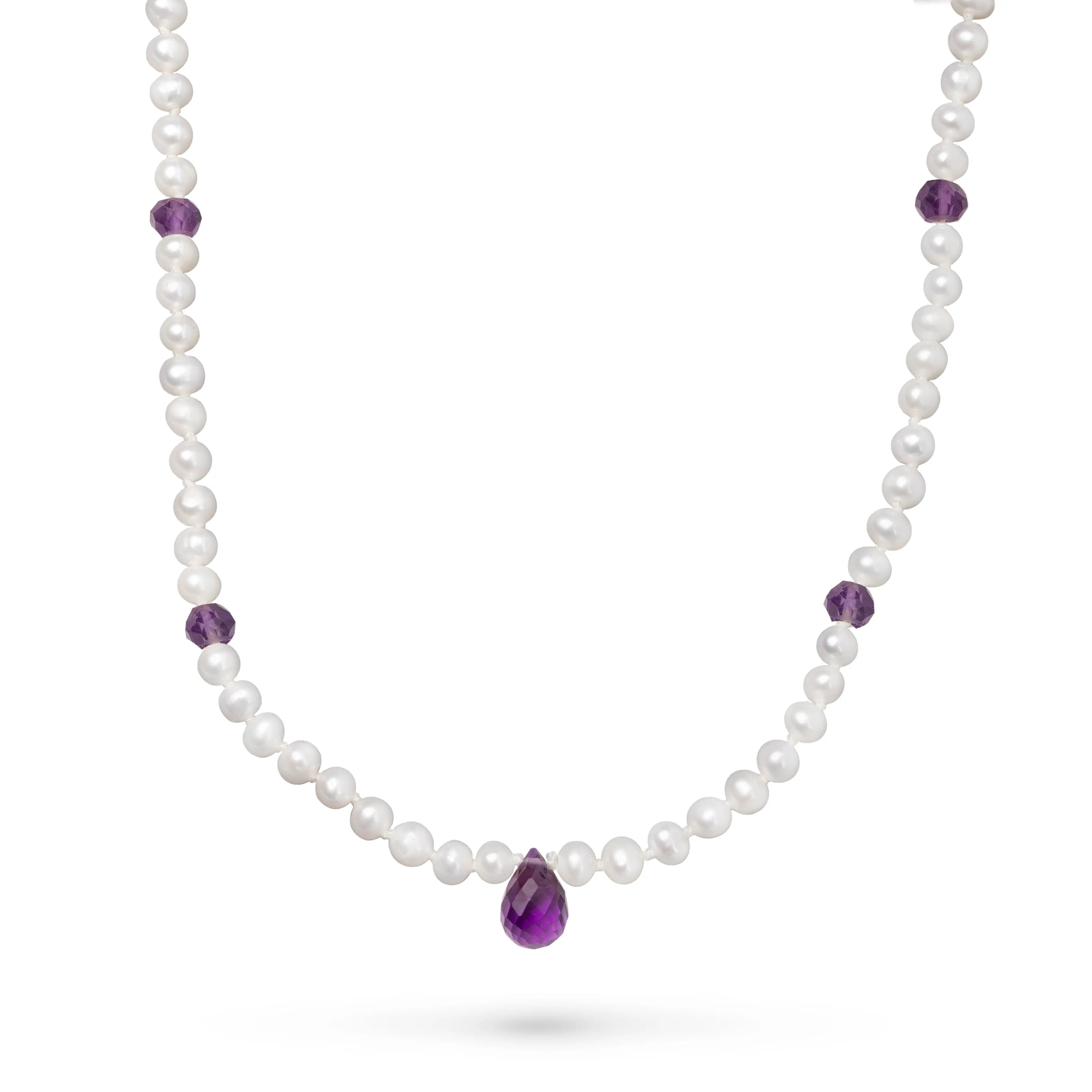 14K Gold Pearl Necklace with Amethyst