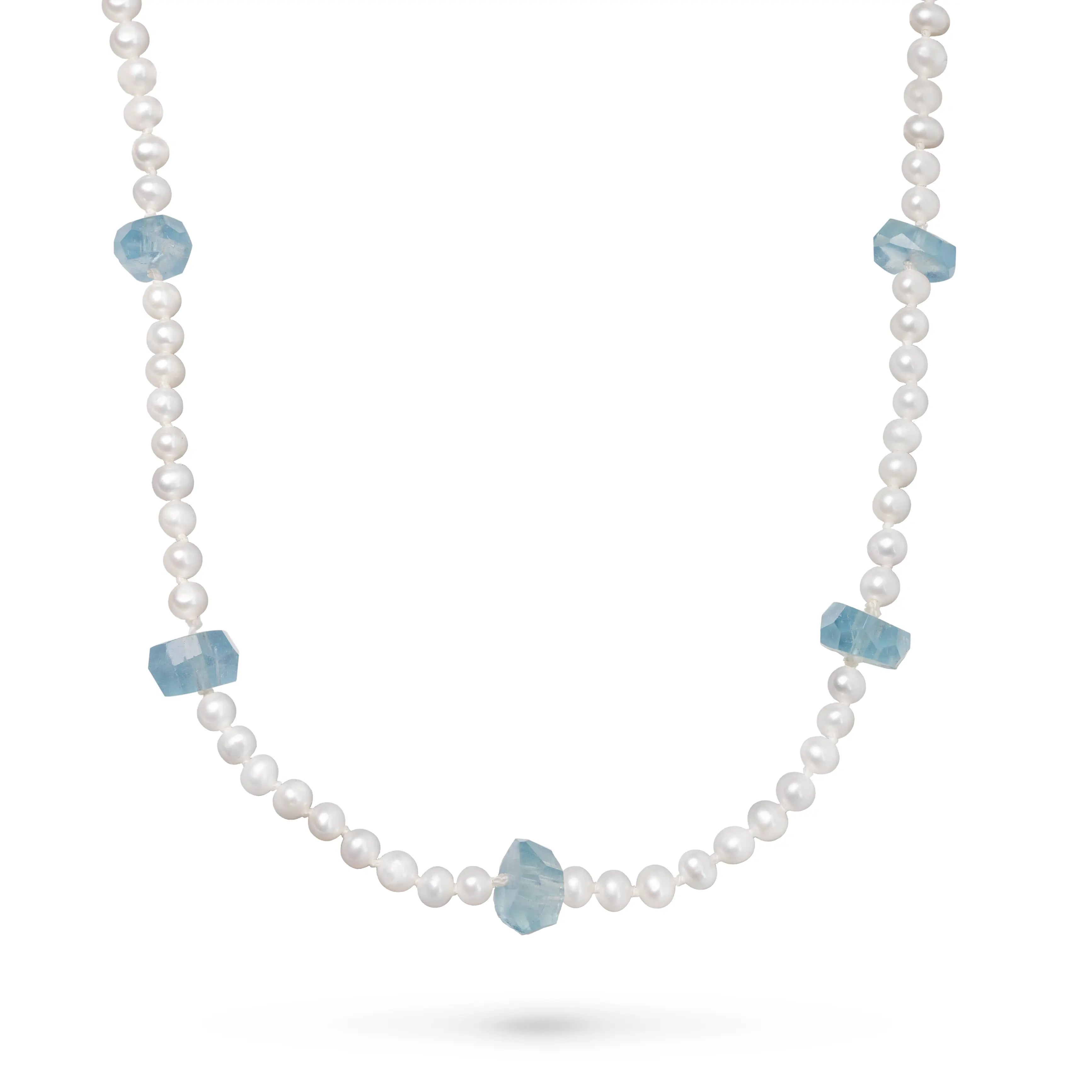 14K Gold Pearl Necklace with Aquamarine