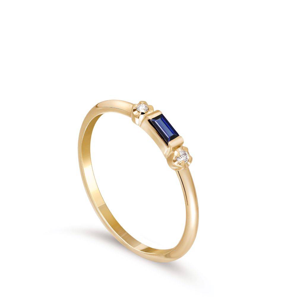 Baguette Blue Sapphire Diamond Ring 14K Gold
