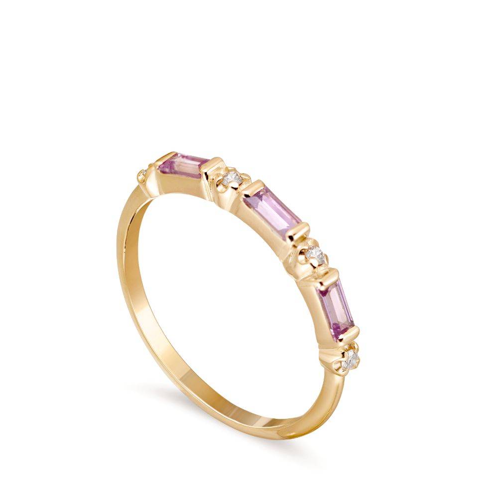 Δαχτυλίδι Ροζ Ζαφείρια Baguette Διαμάντια Χρυσό