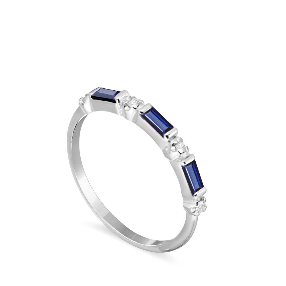 Baguette Blue Sapphires Diamond Ring 14K Gold