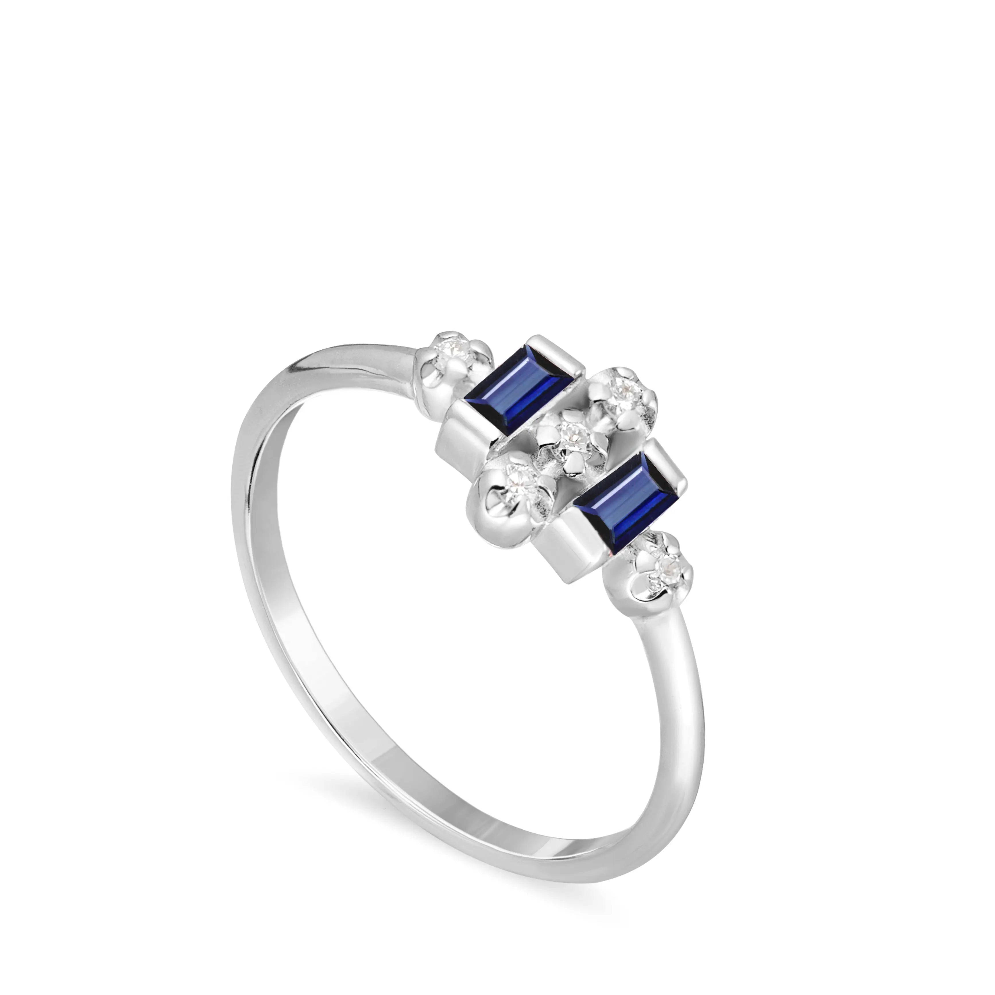 14K Gold Ring Blue Sapphires Diamond Baguette