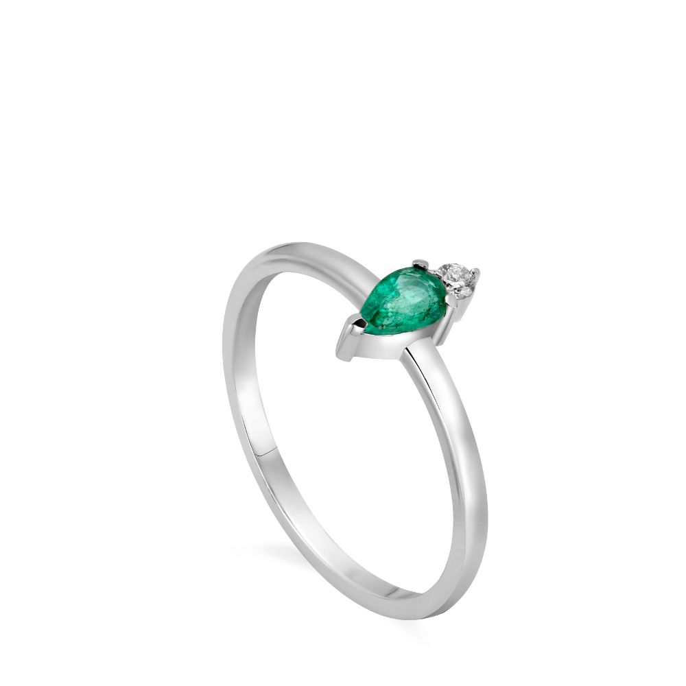 Emerald Engagement Ring with Diamond 14K White Gold