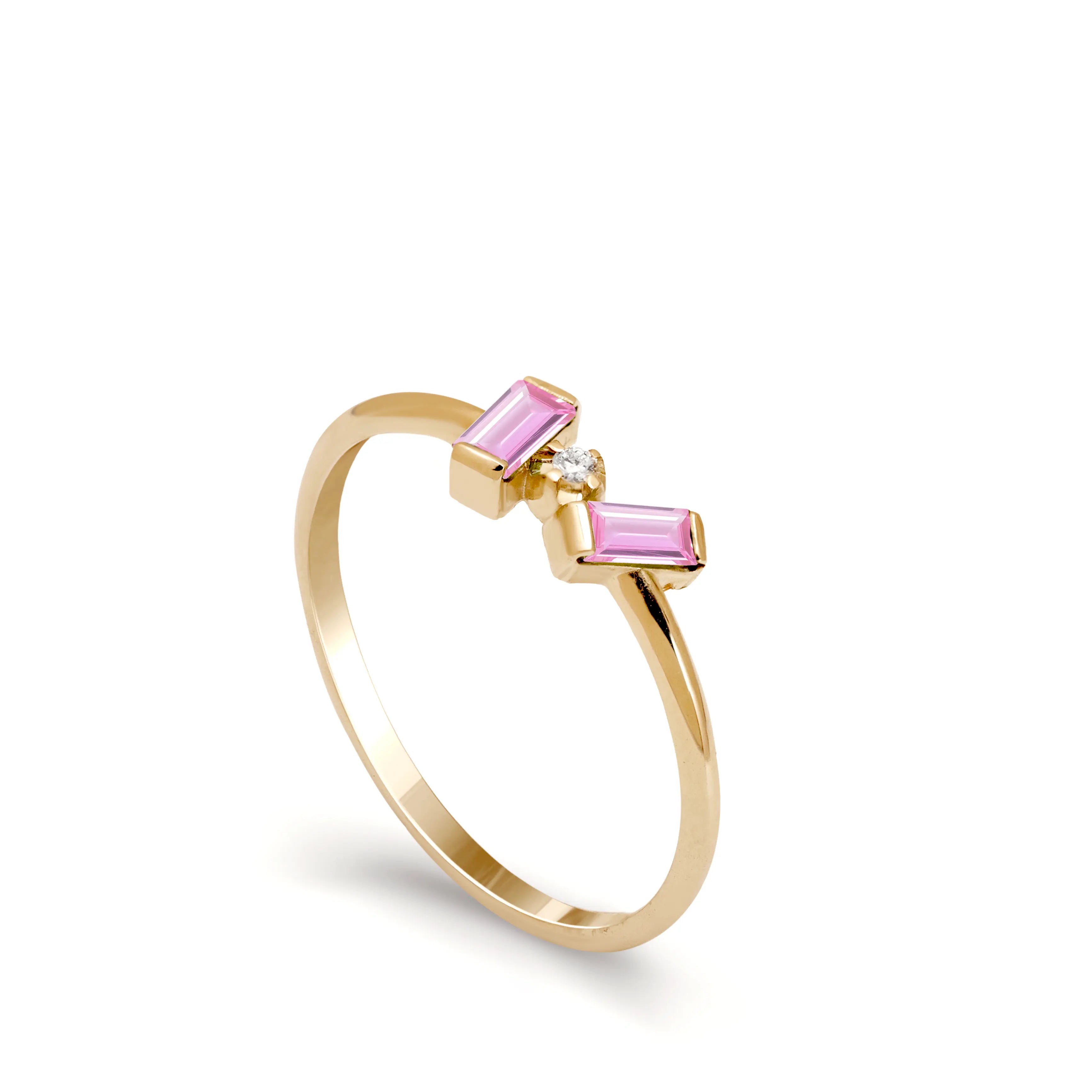 14K Gold Pink Sapphire Diamond Baguette Ring