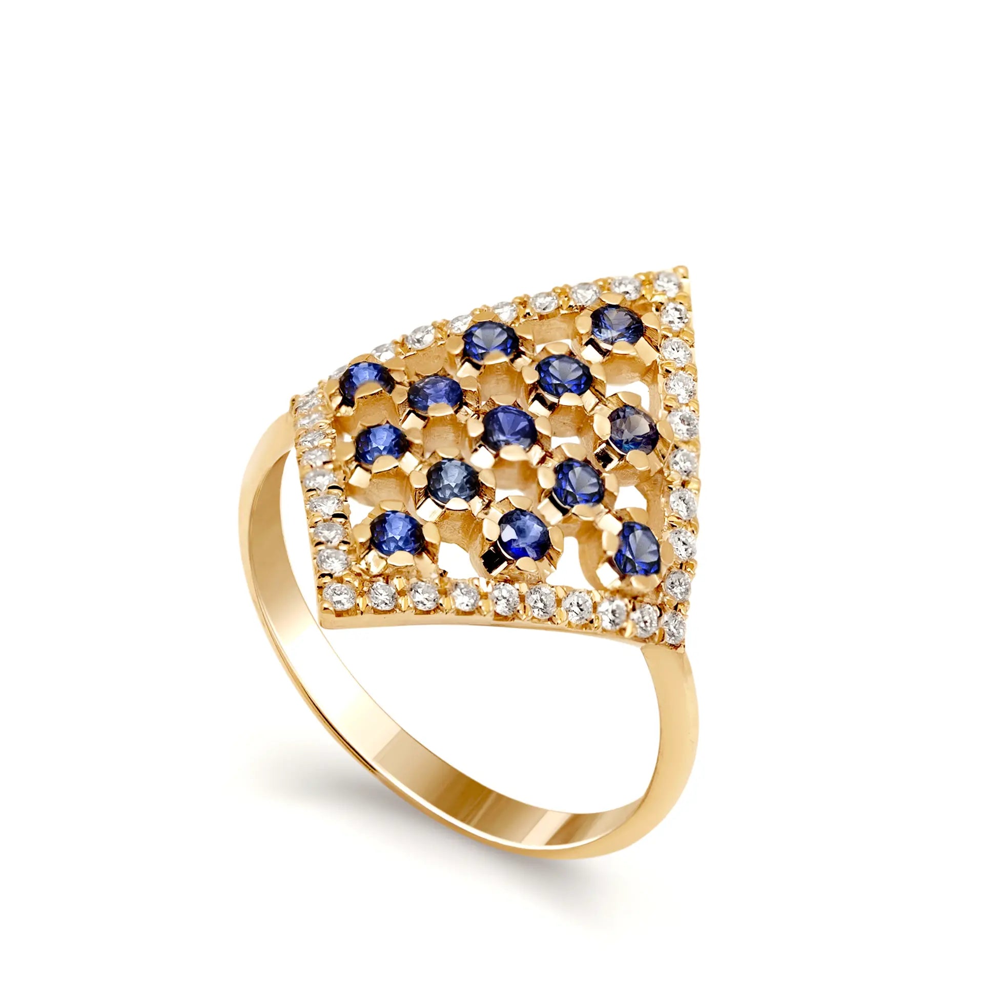 18K Gold Ring Square Blue Sapphires Diamonds