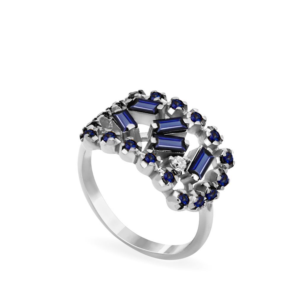 Blue Sapphire Baguette Diamond Ring 14K Gold