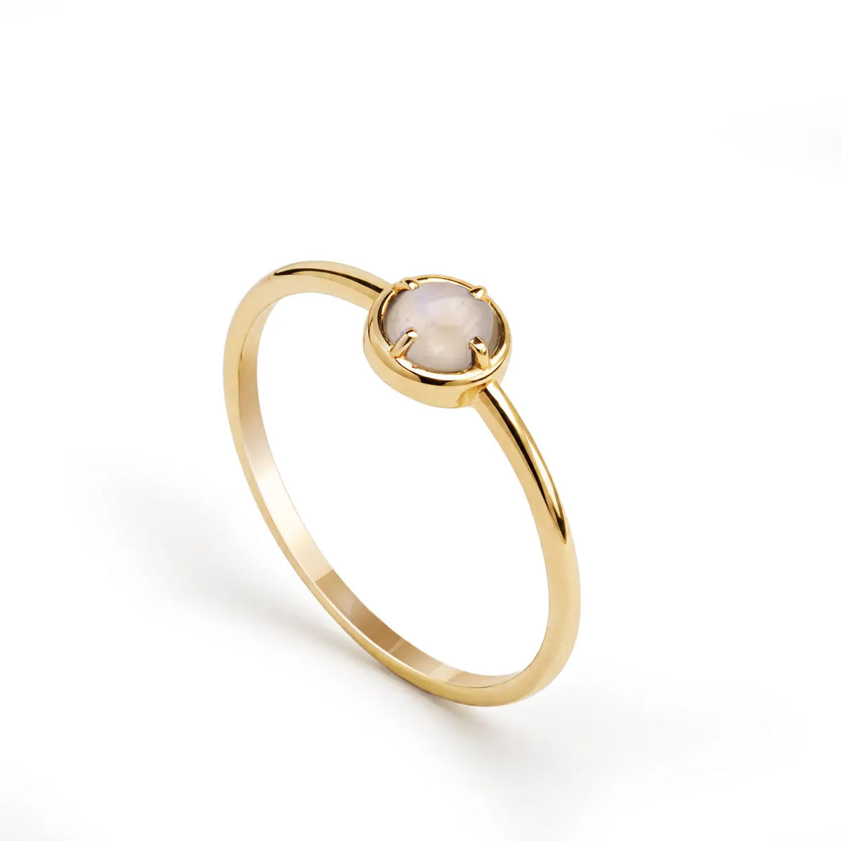 14K Gold Moonstone Ring featuring a round moonstone, perfect for stacking and anniversary gifts.