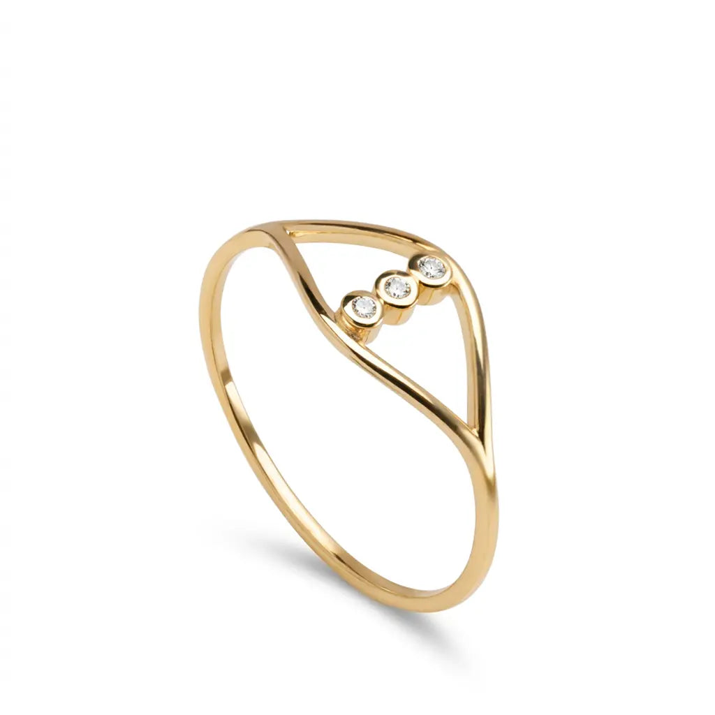 Three Diamond Wave Ring 14K Gold