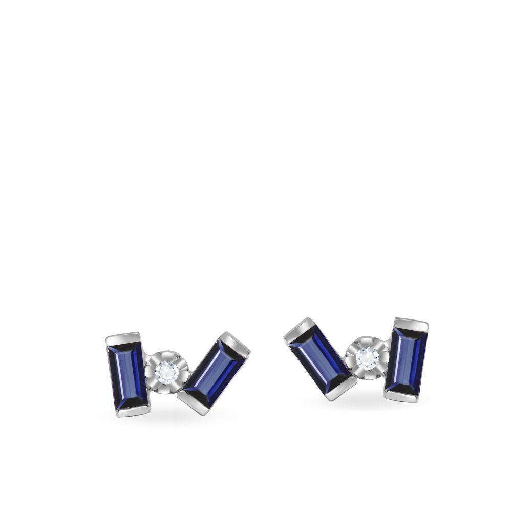 Baguette Blue Sapphire Diamond Stud Earrings 14K