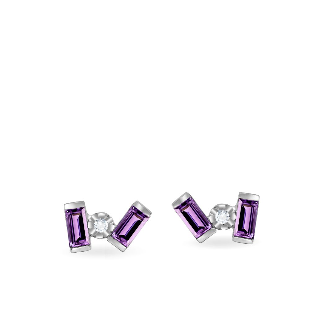 Purple Amethyst Baguette Diamond Stud Earrings 14K