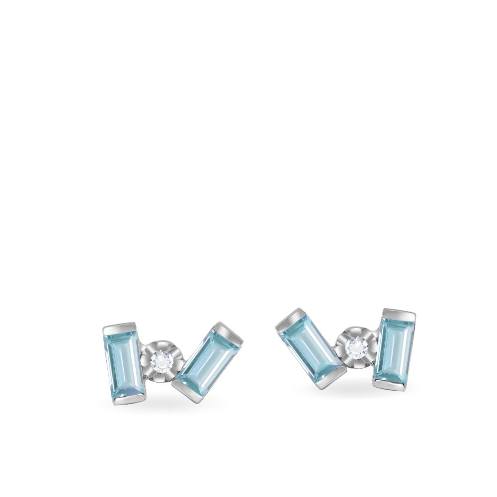 Blue Topaz Baguette Diamond Stud Earrings 14K