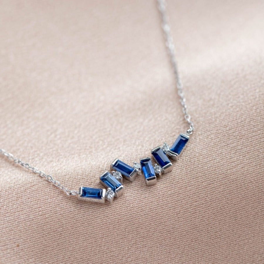 Blue Sapphire Baguette Necklace 14K Gold